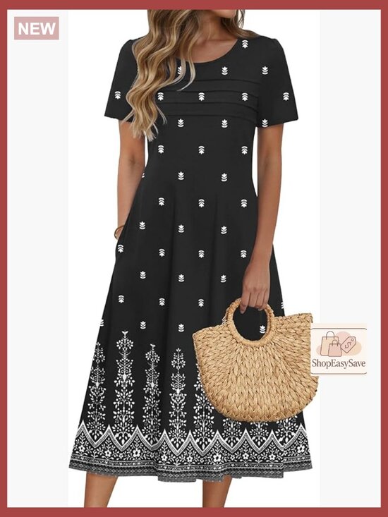 Dresses & Skirts - Floral Print Midi Dress Loose Fit Bohemian Casual Summer Beach Sundress with